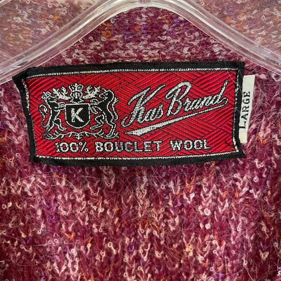 Vintage 80's Wool Cardigan Sweater Kas Brand Bouclet Raspberry Red w/ Pockets L - Picture 2 of 4